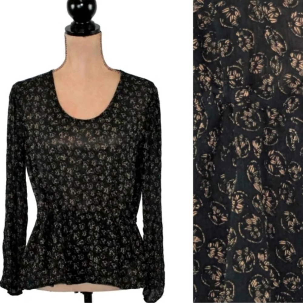 J.JILL Blouse Rare Vintage 90s Black Print Chiffon Cinched Scoop Neck Top XS
